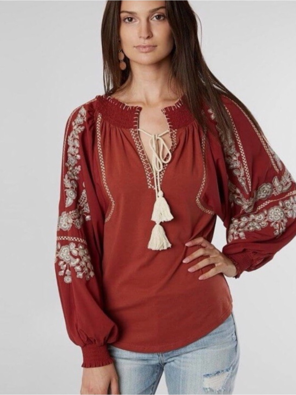 Gimmicks Embroidered Boho Peasant Blouse with Tassel Tie - Rust
